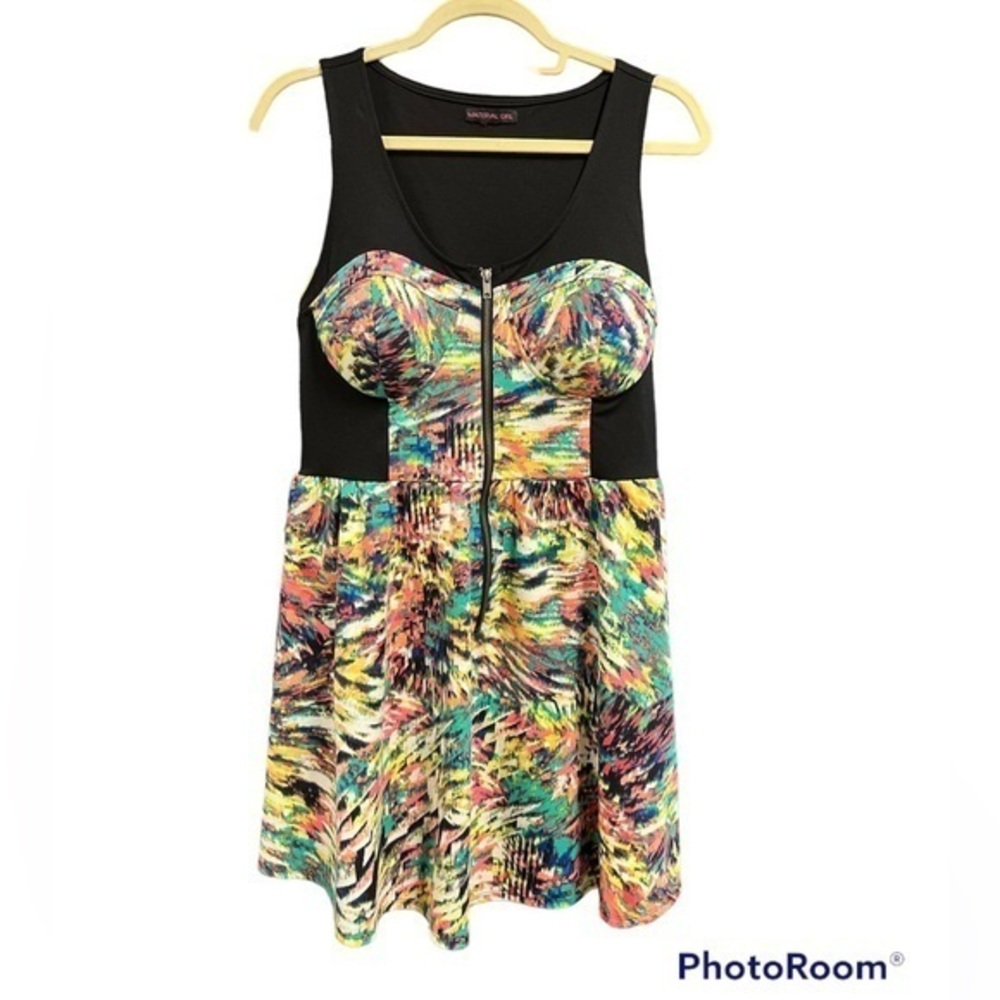 Material Girl abstract sleeveless babydoll Zip front dress large